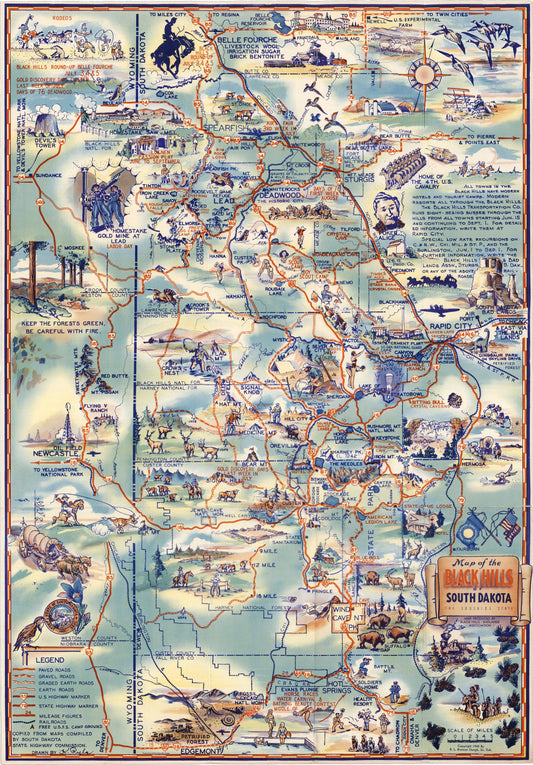 1940 Map of the Black Hills of South Dakota the Sunshine State
