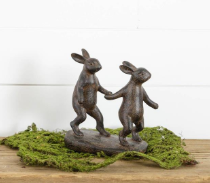 #8RS1033  Primitive Black Resin Rabbits Walking Hand In Hand