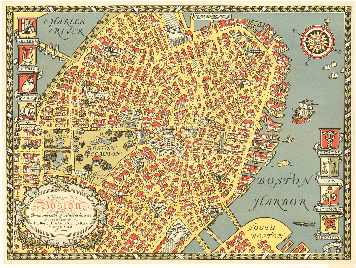 1929 A Map of Old Boston in the Commonwealth of Massachusetts