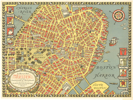 1929 A Map of Old Boston in the Commonwealth of Massachusetts